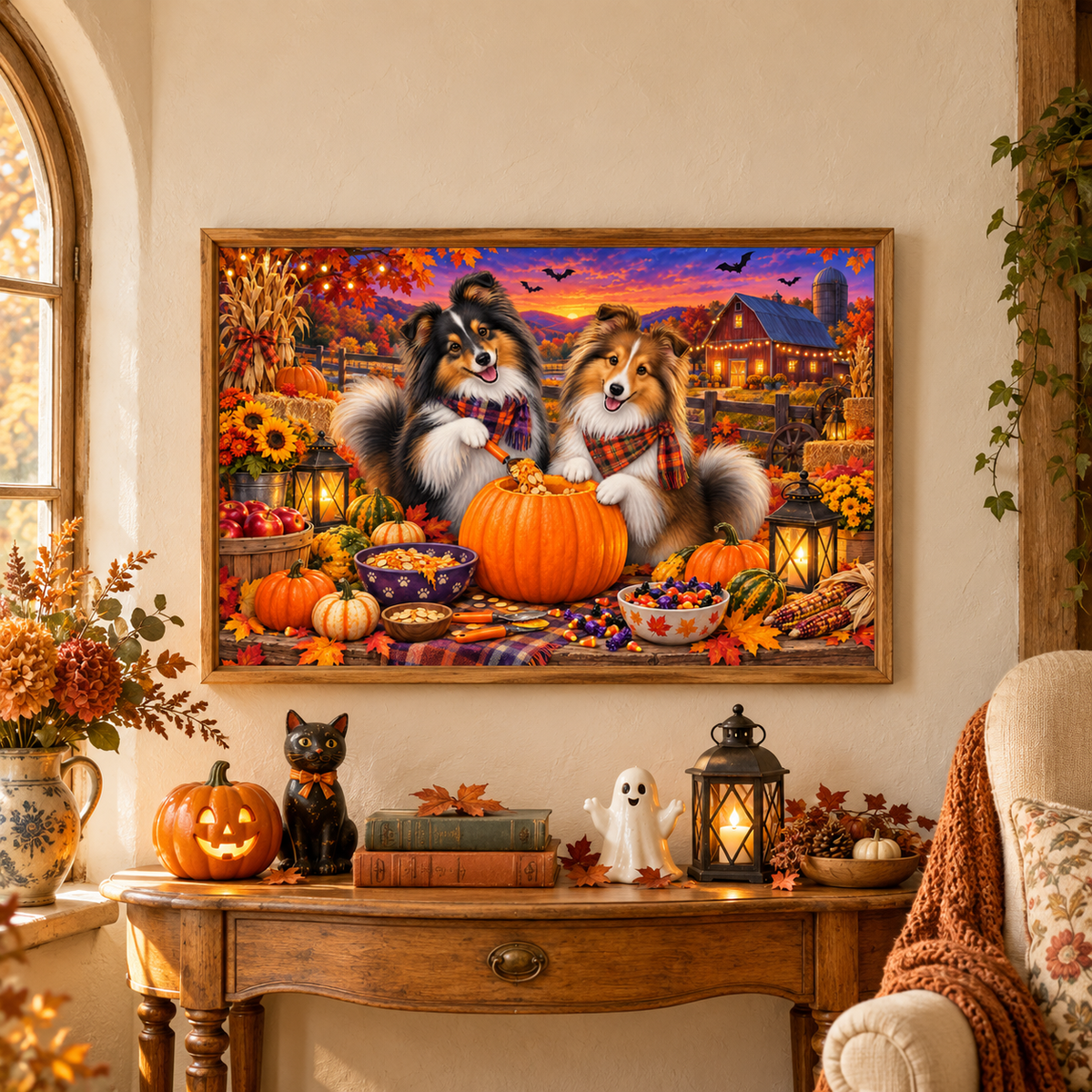 A framed Halloween-themed canvas art print depicting two shelties carving a pumpkin, displayed on a wall above a decorated wooden console table with a ceramic jack o' lantern, cat and ghost figures, books, and lantern in a warm, rustic living room with a chair with a orange blanket and pillow with an orange floral pattern.
