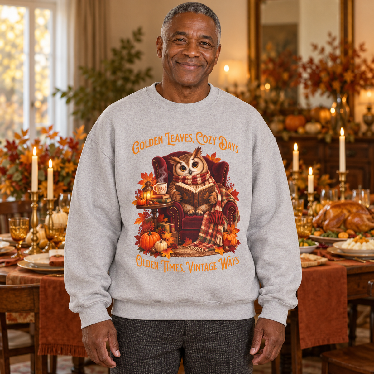 A smiling man stands in a warmly lit dining room wearing a light gray crewneck sweatshirt with a large autumn-themed owl graphic and the text 'Golden Leaves, Cozy Days' and 'Olden Times, Vintage Ways.' The background shows a decorated Thanksgiving table with candles, pumpkins, and a roasted turkey.
