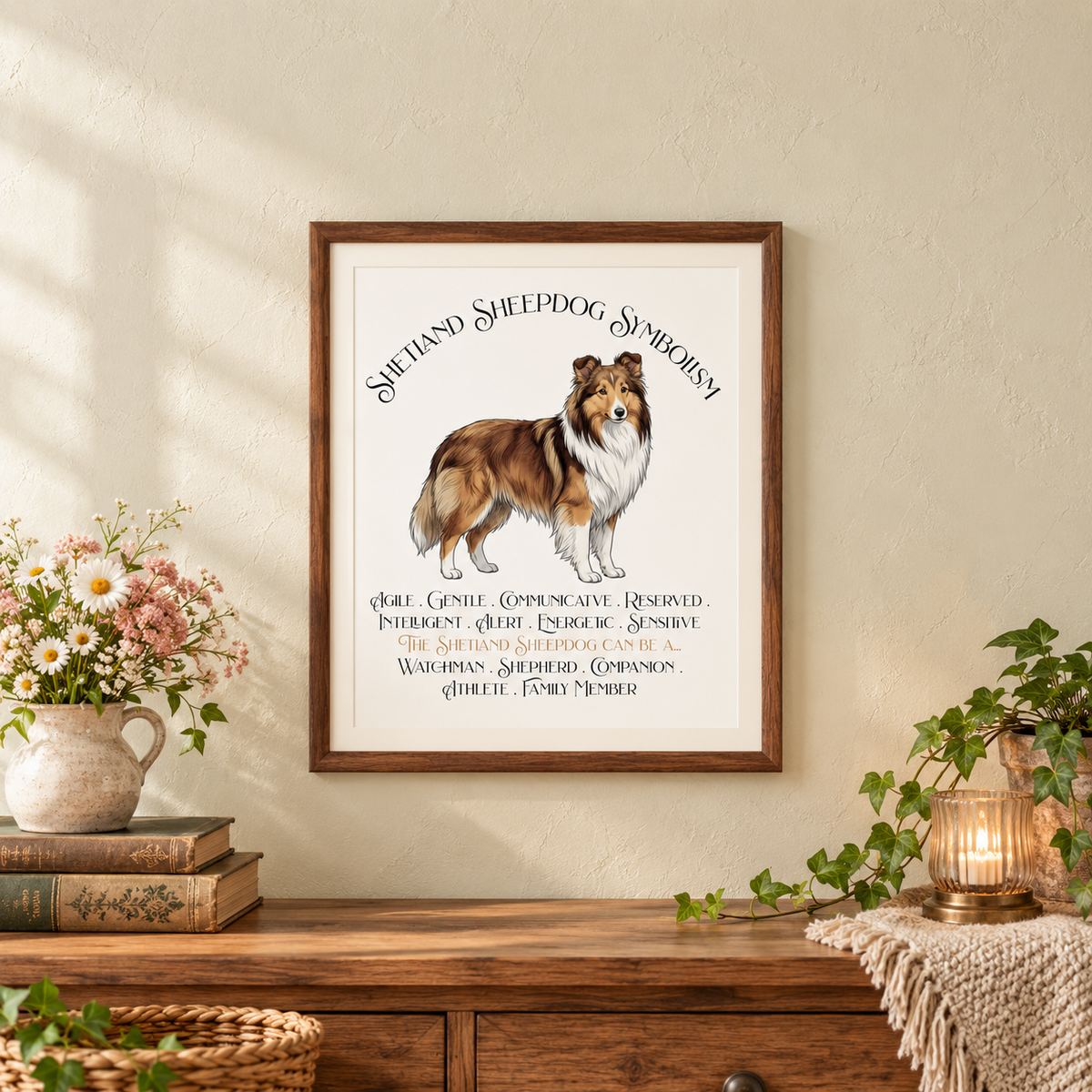 A framed art print featuring a watercolor illustration of a Sheltie with the text 'Shetland Sheepdog Symbolism' and additional decorative text, displayed on a beige wall above a wooden console table with flowers, books, a candle, and a potted plant.