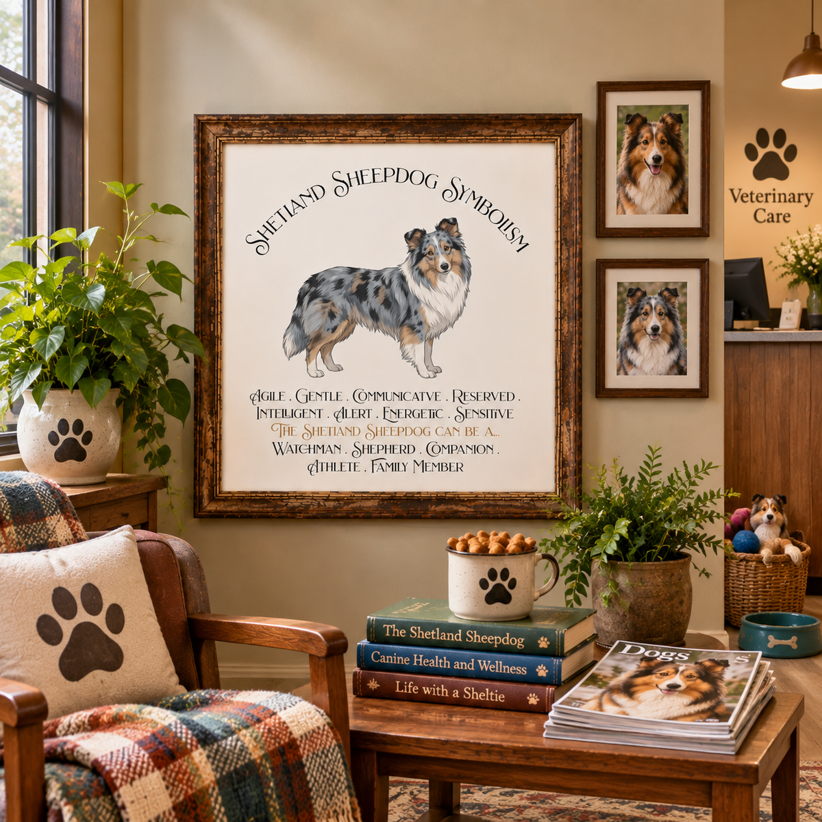 A framed art print featuring a merle Sheltie and decorative text, displayed in a cozy veterinary care office setting with matching paw-print pillows, planters, and dog-themed decor and books.