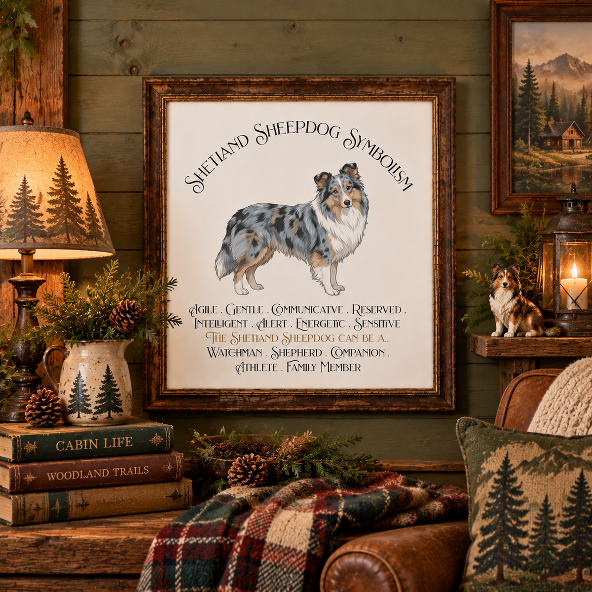 A framed art print featuring a merle Sheltie illustration and the text 'Shepherd Sheepdog Symbolism' displayed in a cozy cabin-style room setting with a lamp, books, bowls and pitchers of pine branches, a lantern, pillows, and wood-paneled walls.