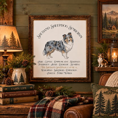 A framed art print featuring a merle Sheltie illustration and the text 'Shepherd Sheepdog Symbolism' displayed in a cozy cabin-style room setting with a lamp, books, bowls and pitchers of pine branches, a lantern, pillows, and wood-paneled walls.