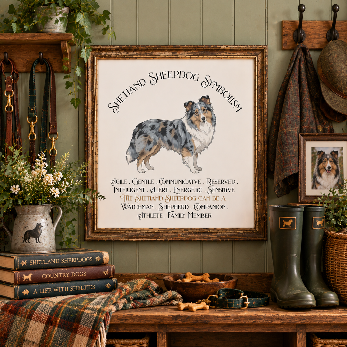 A framed print featuring a Sheltie illustration and text reading 'Shetland Sheepdog Symbolism' with breed characteristics, displayed above a rustic wooden bench with books, a blanket, vase of flowers, bowl of dog biscuits, rubber boots, plaid collar. Hangers hold blankets, a hat, and leashes.