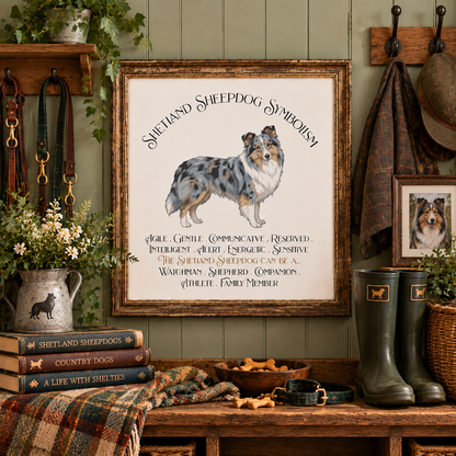 A framed print featuring a Sheltie illustration and text reading 'Shetland Sheepdog Symbolism' with breed characteristics, displayed above a rustic wooden bench with books, a blanket, vase of flowers, bowl of dog biscuits, rubber boots, plaid collar. Hangers hold blankets, a hat, and leashes.