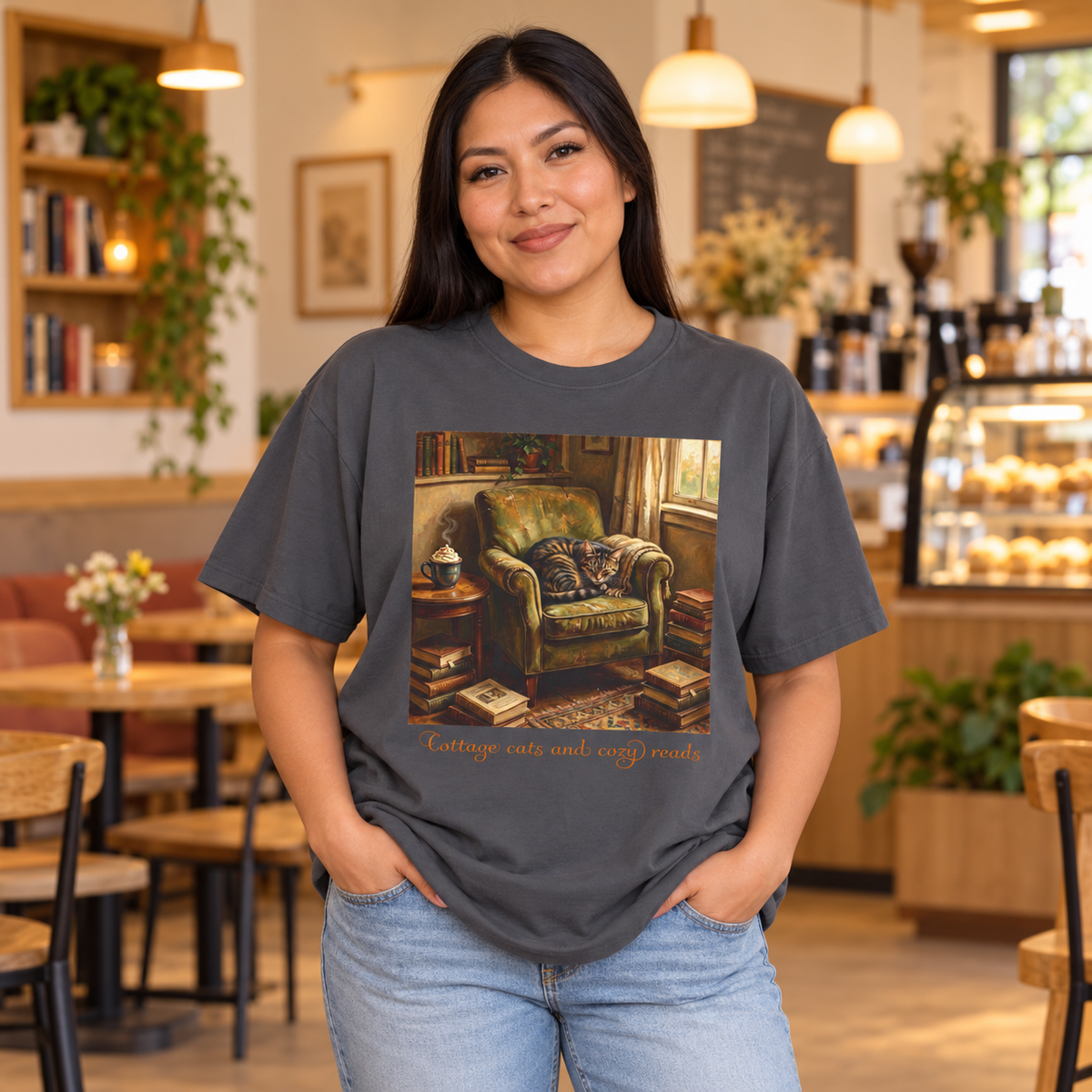 A woman wearing a dark gray graphic t-shirt with a cozy living room scene and the words Cottage cats and cozy reads printed on the front, standing in a warmly lit cafe.