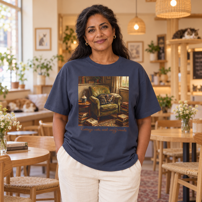 A woman wearing a navy blue graphic t-shirt with a vintage-style cozy reading room scene and the words Cottage cats and cozy reads printed on the chest. The woman is standing in a warm, cozy cat cafe.