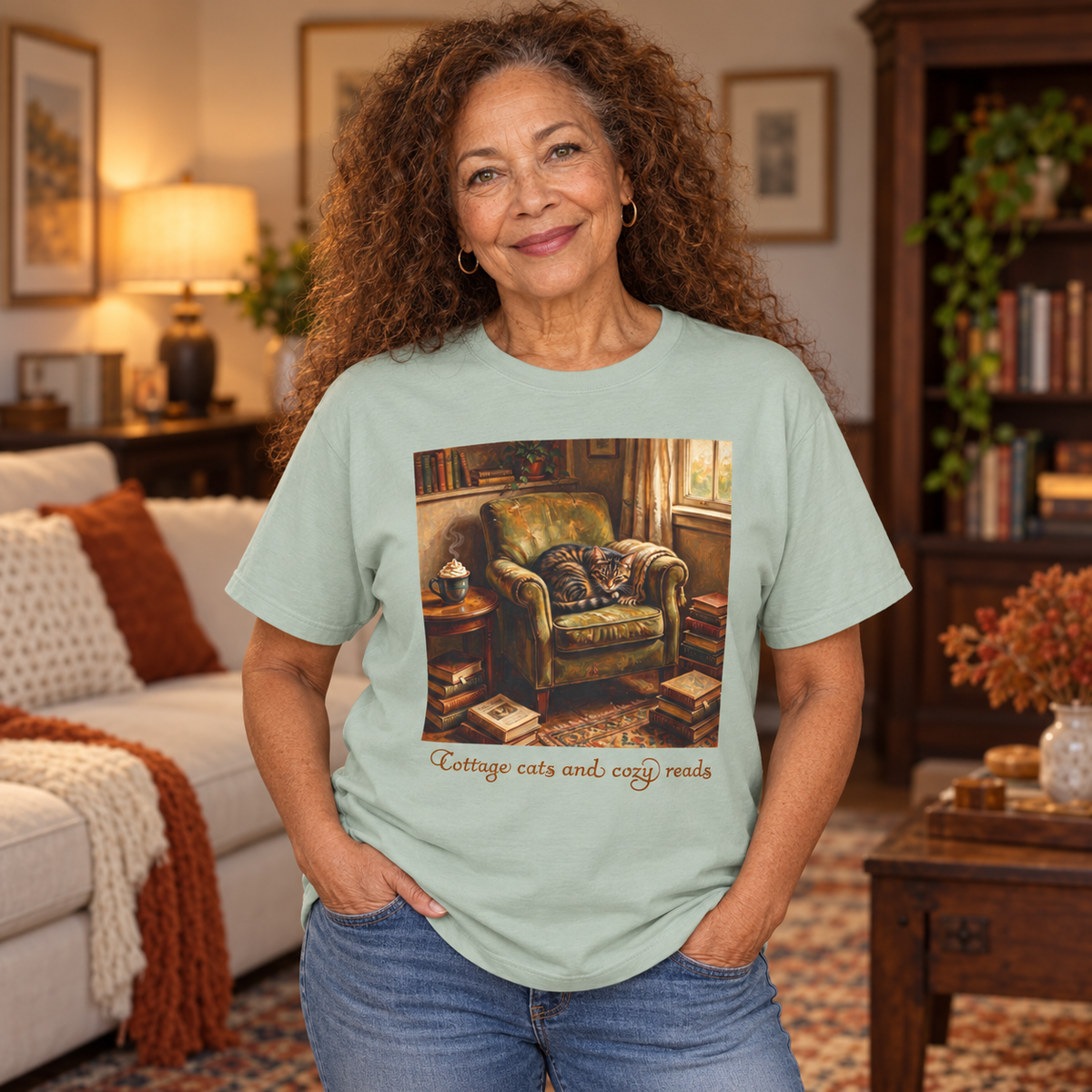 A woman with curly brown hair wearing a sage green graphic t-shirt that reads 'Cottage cats and cozy reads' with an illustration of a cozy armchair scene. She is standing in a warm, cozy living room setting.