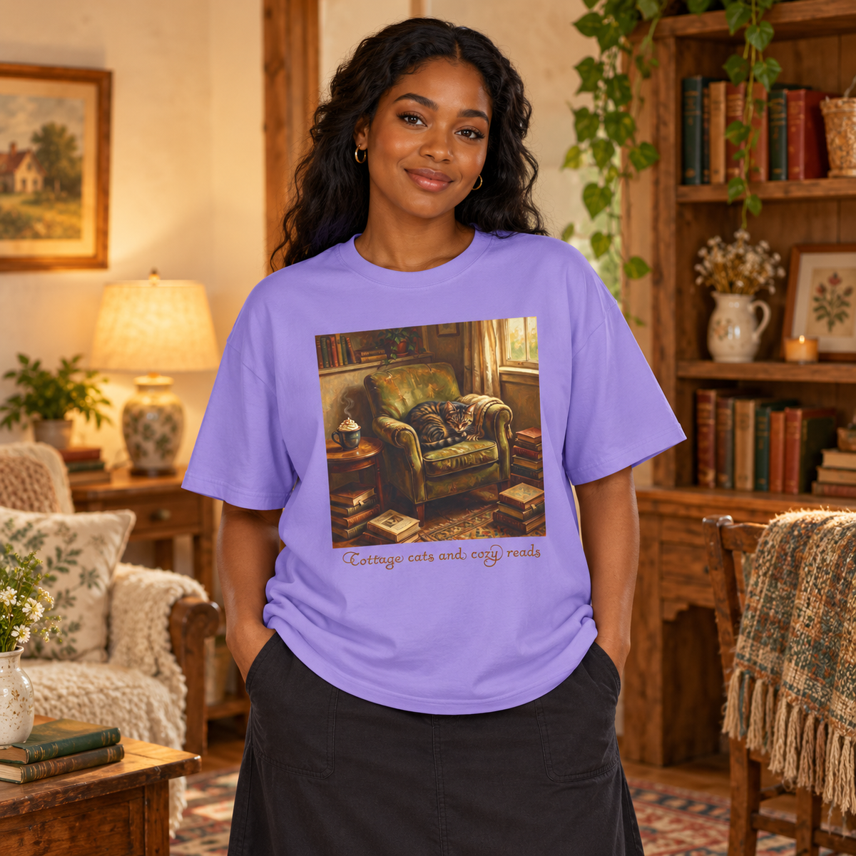 A woman wearing a lavender graphic t-shirt with a vintage-style green armchair print and the text 'Cottage cats and cozy reads' in a cozy, warm-toned living room setting.