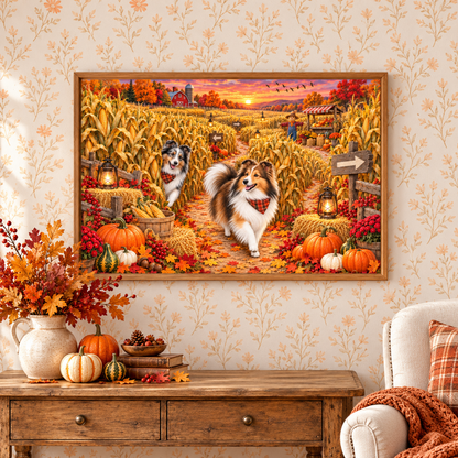 A framed painting of two shelties exploring a corn maze hangs on a patterned wallpaper wall above a wooden console table, with books, pumpkins, a bowl of nuts, and a vase of autumn foliage. A white chair with an orange plaid pillow, and orange blanket sits nearby.