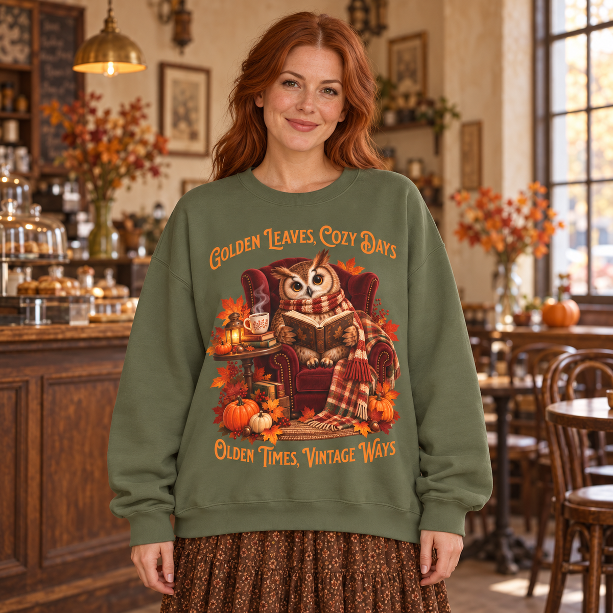 A woman stands in a cozy autumn-themed cafe wearing an olive green crewneck sweatshirt with a large graphic of an owl in a chair reading a book, surrounded by pumpkins and fall leaves. The text on the sweatshirt reads, 'Golden Leaves, Cozy Days' and 'Olden Times, Vintage Ways'.