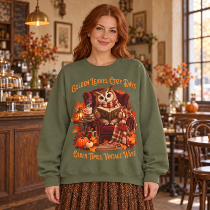 A woman stands in a cozy autumn-themed cafe wearing an olive green crewneck sweatshirt with a large graphic of an owl in a chair reading a book, surrounded by pumpkins and fall leaves. The text on the sweatshirt reads, 'Golden Leaves, Cozy Days' and 'Olden Times, Vintage Ways'.