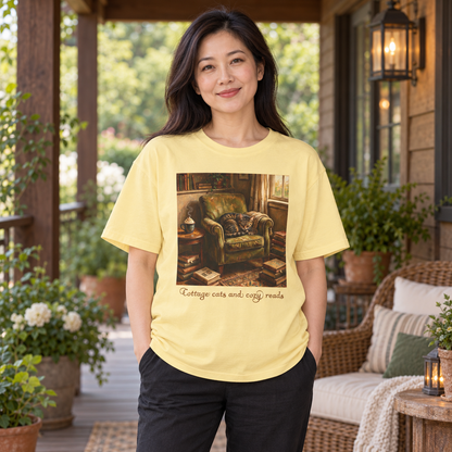 A woman stands on a porch wearing a pale yellow graphic T-shirt with a vintage-style illustration of a green armchair and the text 'Cottage cats and cozy reads.' She is also wearing black pants.