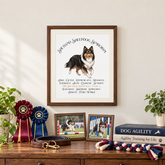 A framed illustration of a tri-color sheltie with the title Shetland Sheepdog Symbolism hangs above a wooden console table with agility books, a tug toy, a leather leash, ribbons, potted plants, and a pictures of a sheltie performing agility.