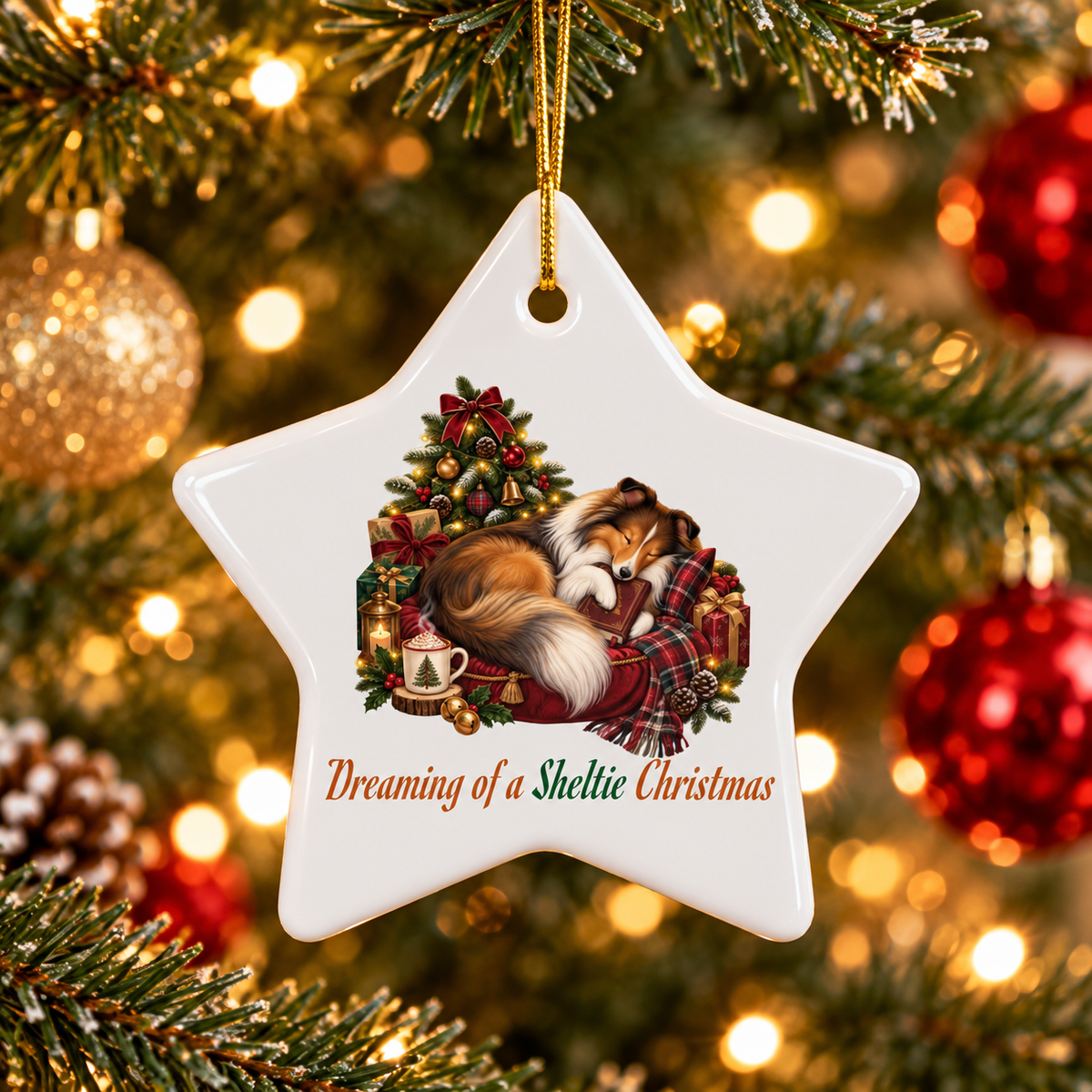 A white star-shaped Christmas ornament hanging from a gold string on a decorated Christmas tree. The ornament features an illustration of a fluffy sable sheltie sleeping under a Christmas tree with plaid blankets and gifts, with the text 'Dreaming of a Sheltie Christmas' printed below.