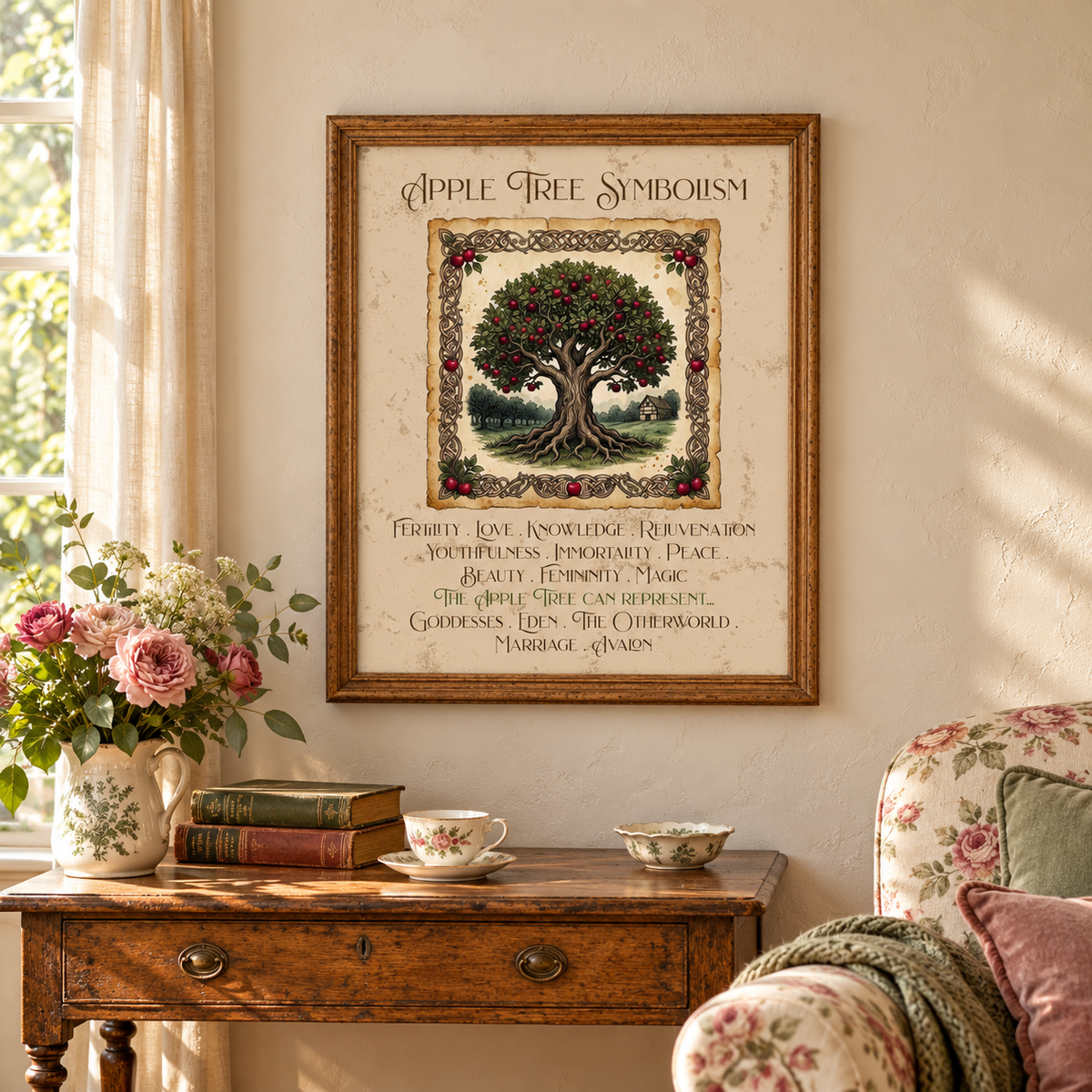 Framed 'Apple Tree Symbolism' wall art hanging on a beige wall in a sunlit room, with a wooden console table, flowers, books, a teacup, and a floral armchair with a blanket and two pillows visible below.