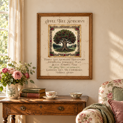 Framed 'Apple Tree Symbolism' wall art hanging on a beige wall in a sunlit room, with a wooden console table, flowers, books, a teacup, and a floral armchair with a blanket and two pillows visible below.