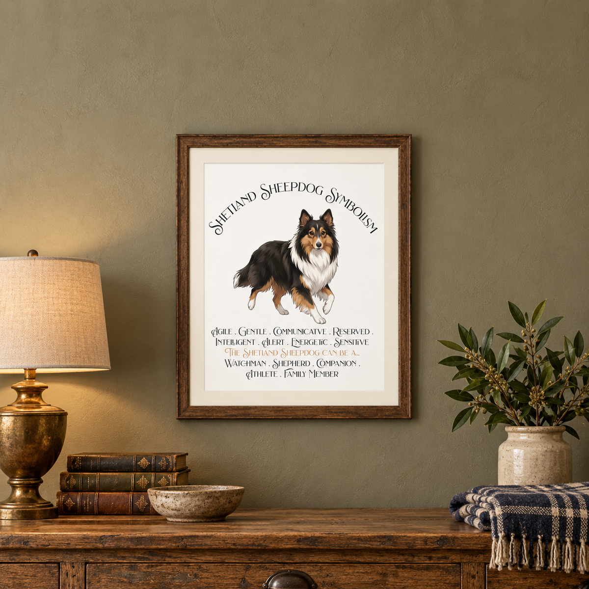 A framed Shetland Sheepdog Symbolism print hanging on a sage green wall above a wooden console table with a lamp, books, a bowl, a blue plaid blanket, and a potted plant.