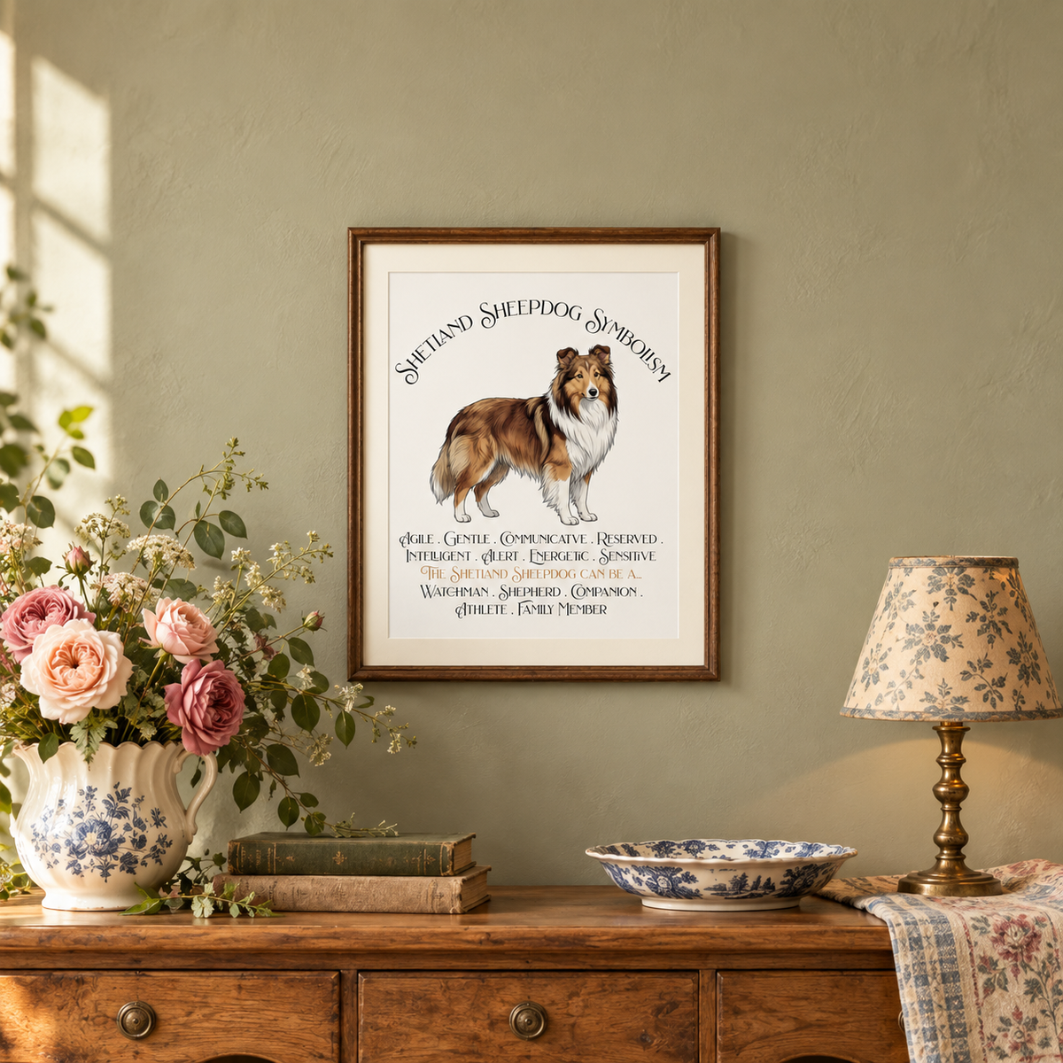 A framed Sheltie illustration and the title 'Shetland Sheepdog Symbolism' hanging on a sage green wall above a wooden console table decorated with flowers, books, a porcelain bowl, and a lamp.