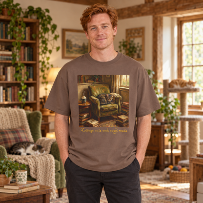 A man wearing a brown graphic t-shirt with a vintage-style illustration of a cozy cottage with a cat curled in a green armchair and the text 'Cottage cats and cozy reads' printed on the front. He is standing in a warm, book-filled living room.