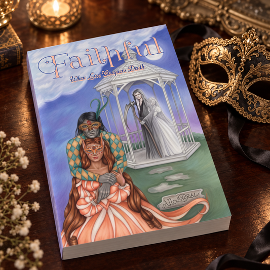 A paperback book titled 'Faithful: When Love Conquers Death' by Allexandra is displayed on a dark wooden table and surrounded by a masquerade mask, flowers, and a glowing candle.