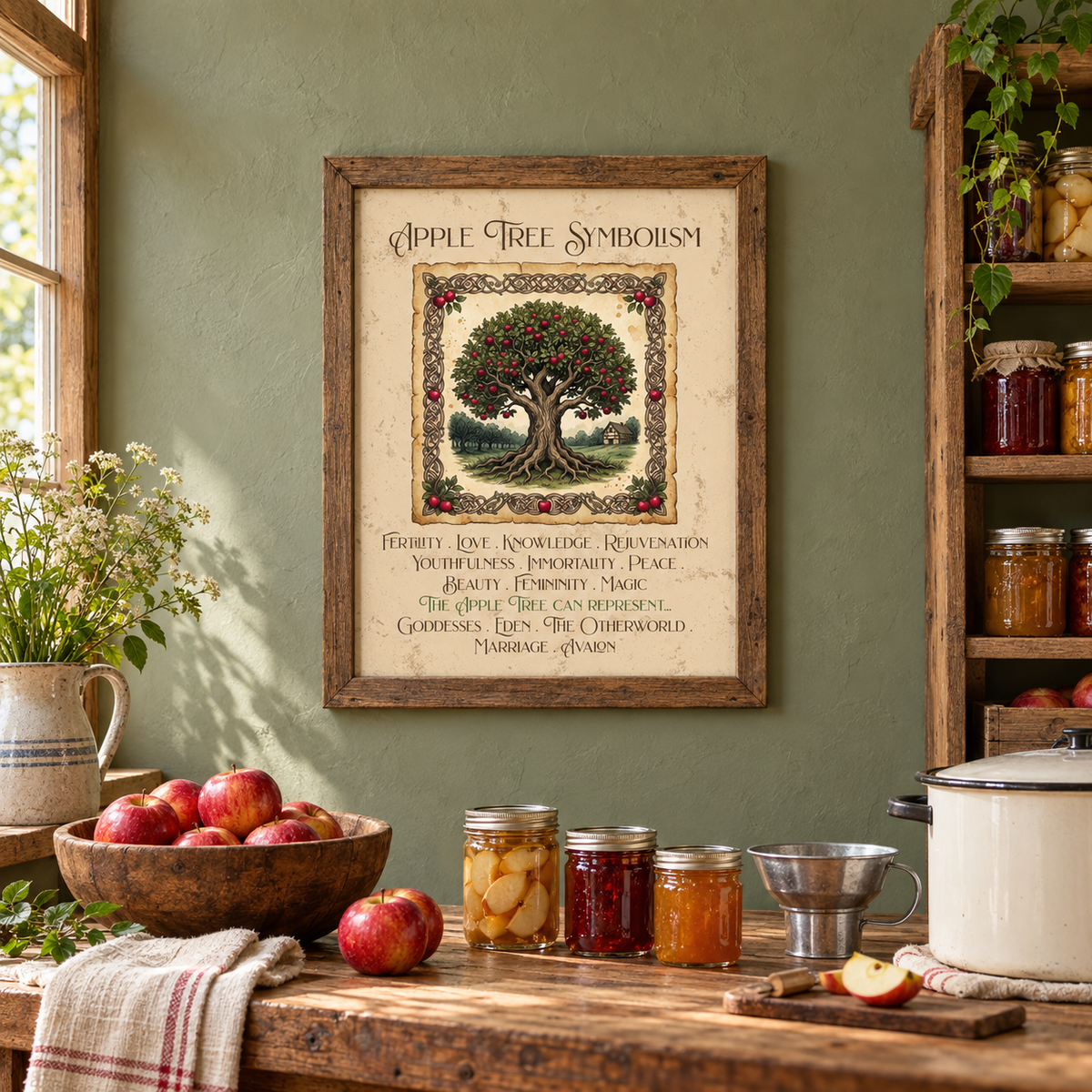 Framed 'Apple Tree Symbolism' wall art hanging on a sage green wall in a rustic kitchen setting, with apples, jars, canning equipment, and a wooden counter below.