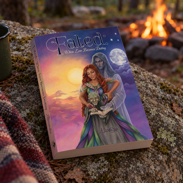A book titled "Fated: When Love Becomes Destiny" is placed on a mossy rock outdoors near a campfire, with a blanket and coffee mug visible at the left edge. The cover art shows semi transparent man standing behind a woman who is grabbing the quill of a green gremlin and attempting to pour a drink on the gremlin's open book. The man has his hand under the liquid. Behind them is a full moon and stars on the right and on the left a bright sun.