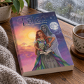 A hardcover book titled "Fated: When Love Becomes Destiny" lies on a wooden table beside a mug of tea, a knit blanket, and a potted plant. In the background is a rain spattered window.