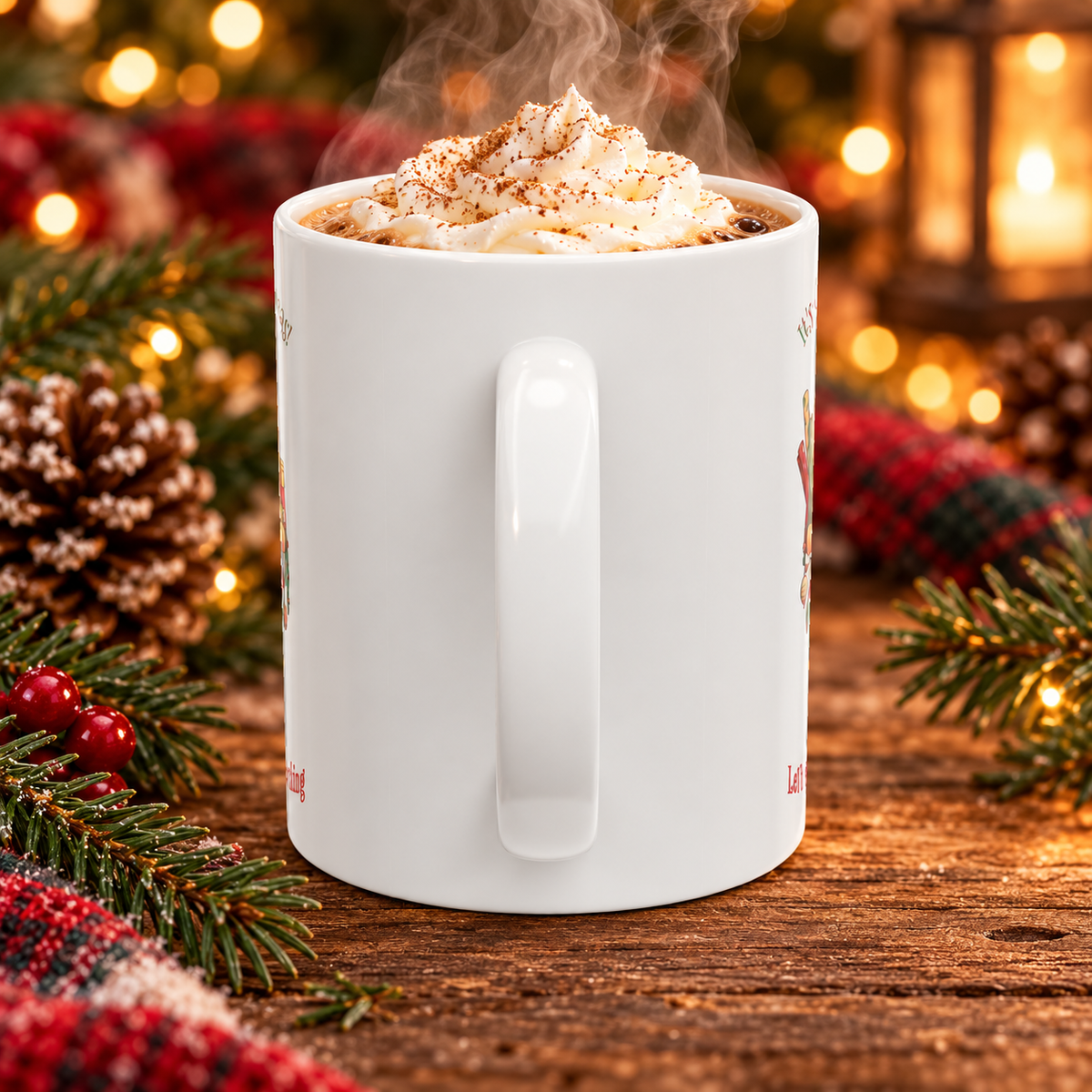 A white ceramic mug filled with a steaming coffee, topped with whipped cream and cocoa powder, set on a rustic wooden table surrounded by pine branches, red berries, and warm holiday lights.