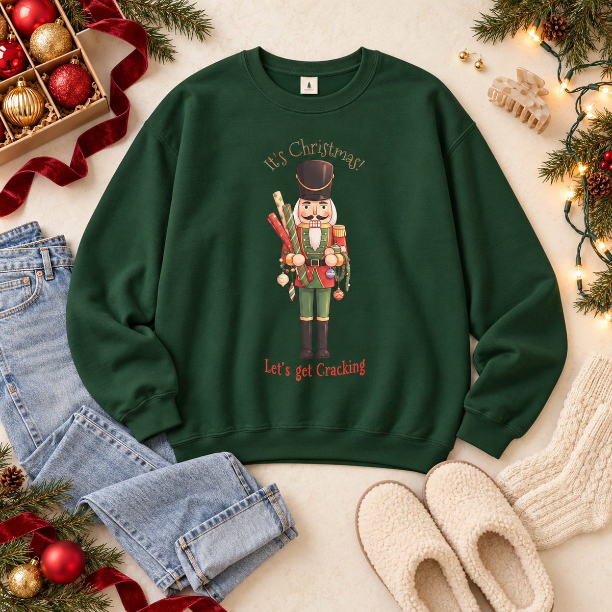 A dark green crewneck sweatshirt with a nutcracker graphic and the text 'It's Christmas! Let's get Cracking!' laid flat on a light beige surface, surrounded by jeans, slippers, ribbons, a box of ornaments, earrings, a hair clip, and holiday greenery.