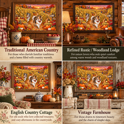 A 4-panel collage showing the shelties in a corn maze print styled in different home decor settings: Traditional American Country, Refined Rustic/Woodland Lodge, English Country Cottage, and Vintage Farmhouse.
