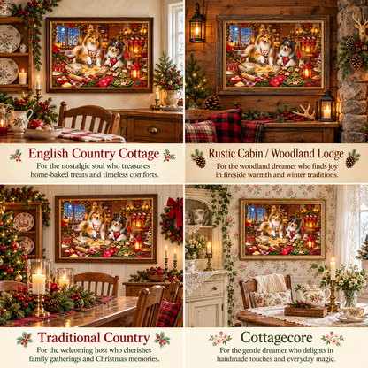 A four-panel collage showing the shelties baking and decorating cookies framed artwork in different styled interior settings and labeled: English Country Cottage, Rustic Cabin/Woodland Lodge, Traditional Country, and Cottagecore.