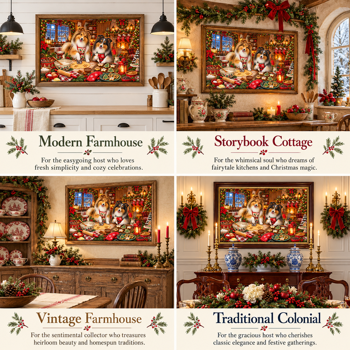 A four-panel holiday-themed collage showing framed artwork of shelties baking and decorating cookies displayed in different styled interior settings. Each panel features the artwork and a Christmas scene with warm candles, red bows, and text labels reading Modern Farmhouse, Storybook Cottage, Vintage Farmhouse, and Traditional Colonial.