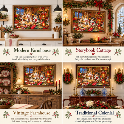 A four-panel holiday-themed collage showing framed artwork of shelties baking and decorating cookies displayed in different styled interior settings. Each panel features the artwork and a Christmas scene with warm candles, red bows, and text labels reading Modern Farmhouse, Storybook Cottage, Vintage Farmhouse, and Traditional Colonial.