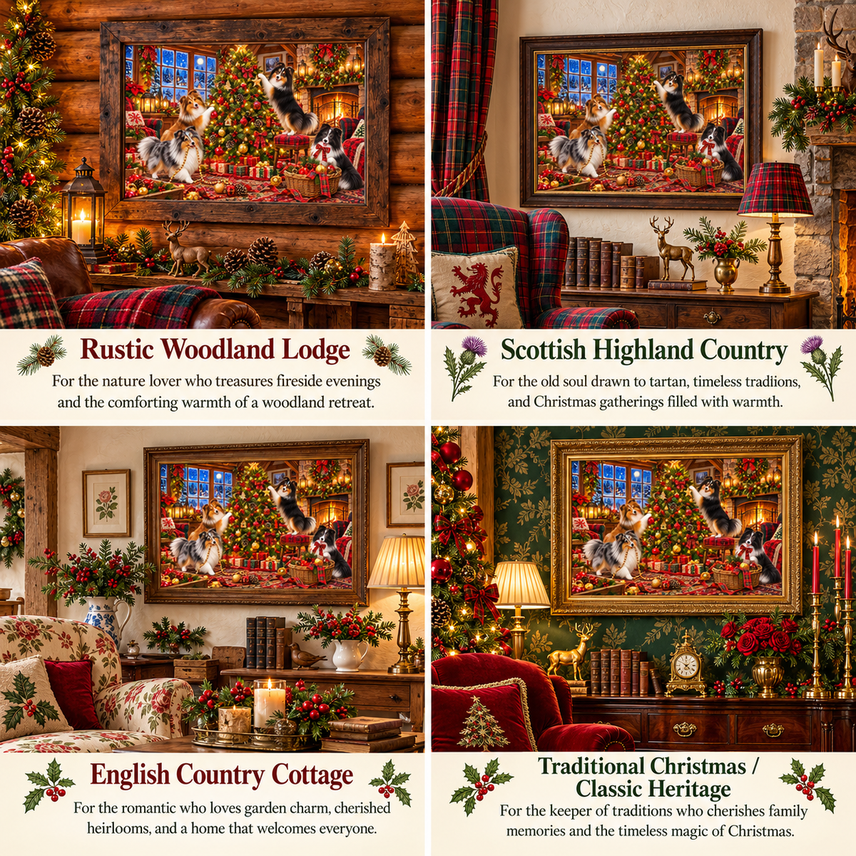 A four-panel holiday collage showing framed shelties decorate Christmas tree art in a Rustic Woodland Lodge, Scottish Highland Country, English Country Cottage, and Traditional Christmas/Classic Heritage styles, each displayed in a cozy decorated room with text labels underneath.