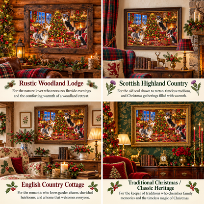 A four-panel holiday collage showing framed shelties decorate Christmas tree art in a Rustic Woodland Lodge, Scottish Highland Country, English Country Cottage, and Traditional Christmas/Classic Heritage styles, each displayed in a cozy decorated room with text labels underneath.