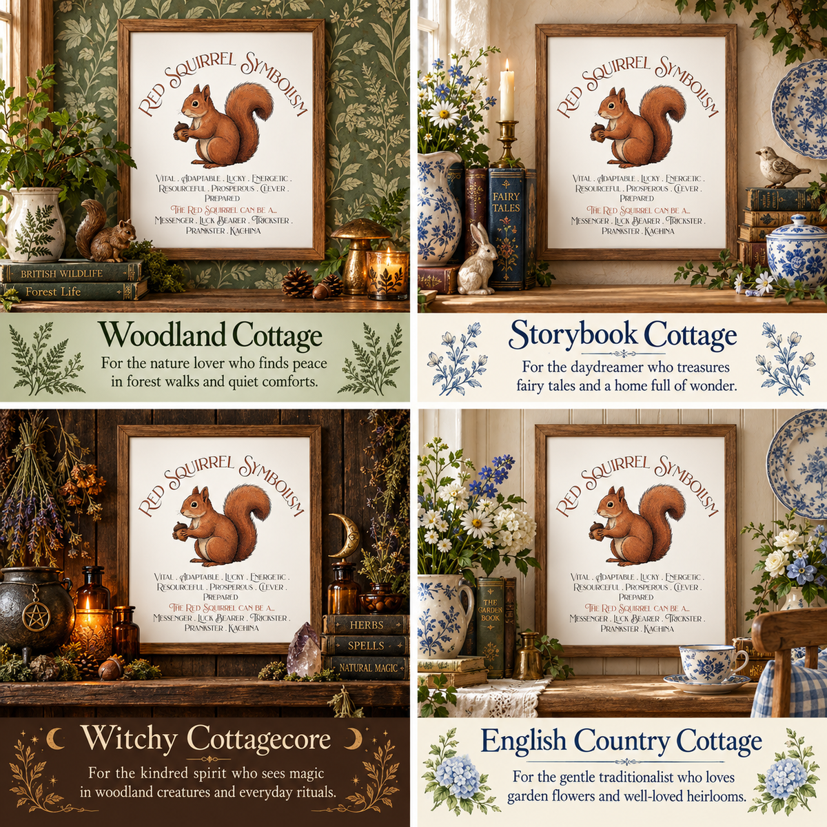A 2x2 collage showing four styled room scenes with framed Red Squirrel Symbolism art prints. Each print features a brown squirrel illustration and decorative text, with labels below reading Woodland Cottage, Storybook Cottage, Witchy Cottagecore, and English Country Cottage.