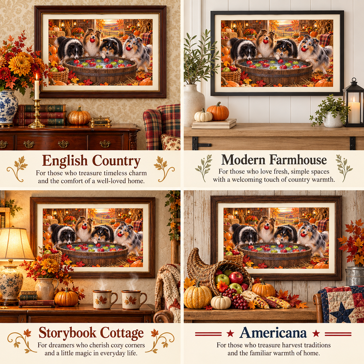 A 2x2 collage showing four framed art prints with the Shetland Sheepdogs bobbing for apples poster in different decorative room settings. The top row is labeled English Country and Modern Farmhouse, and the bottom row is labeled Storybook Cottage and Americana.
