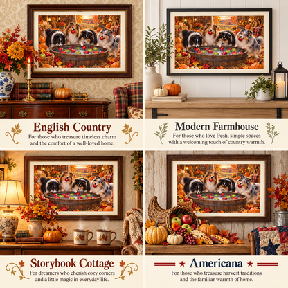 A 2x2 collage showing four framed art prints with the Shetland Sheepdogs bobbing for apples poster in different decorative room settings. The top row is labeled English Country and Modern Farmhouse, and the bottom row is labeled Storybook Cottage and Americana.