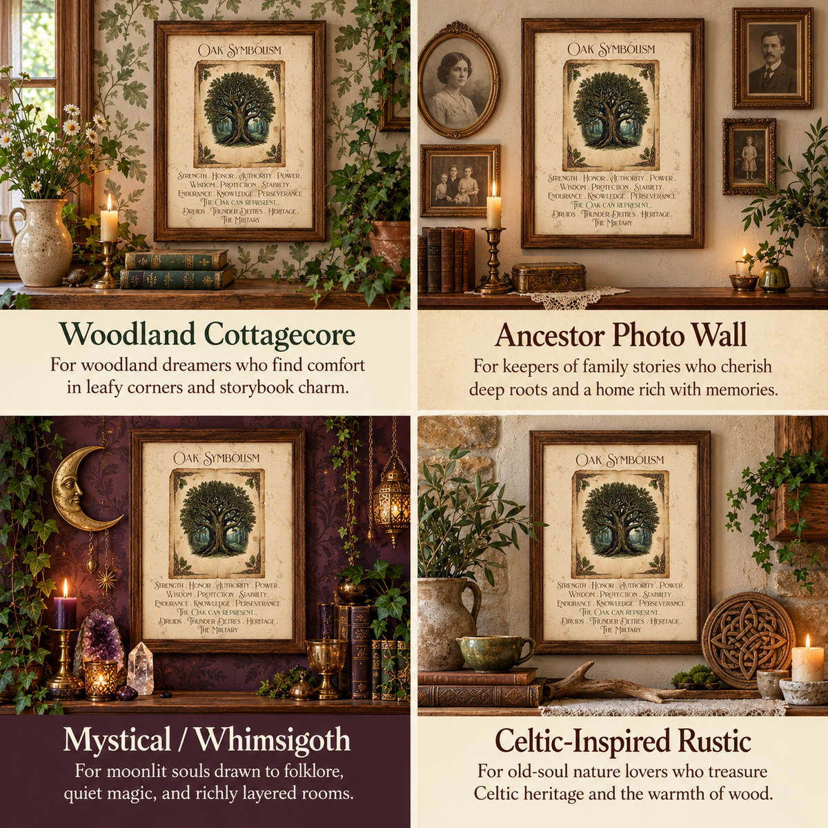 A four-panel collage showing framed Oak Symbolism art prints in different styled room settings. Each panel features a central framed print with a tree illustration and decorative text, plus descriptive labels: 'Woodland Cottagecore,' 'Ancestor Photo Wall,' 'Mystical / Whimsigoth,' and 'Celtic-Inspired Rustic.