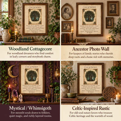 A four-panel collage showing framed Oak Symbolism art prints in different styled room settings. Each panel features a central framed print with a tree illustration and decorative text, plus descriptive labels: 'Woodland Cottagecore,' 'Ancestor Photo Wall,' 'Mystical / Whimsigoth,' and 'Celtic-Inspired Rustic.