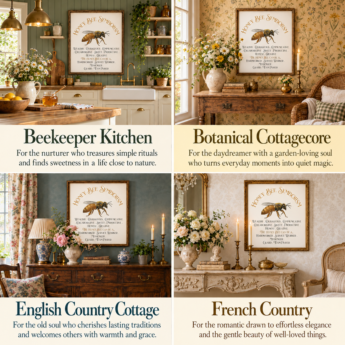 A 2x2 collage showing four styled interior scenes with framed honey bee symbolism art and text labels for design styles: Beekeeper Kitchen, Botanical Cottagecore, English Country Cottage, and French Country.