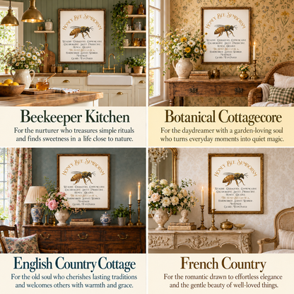 A 2x2 collage showing four styled interior scenes with framed honey bee symbolism art and text labels for design styles: Beekeeper Kitchen, Botanical Cottagecore, English Country Cottage, and French Country.