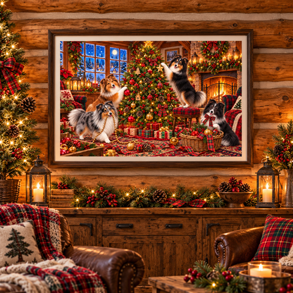 A large framed Christmas art print featuring four shelties in a decorated holiday cabin, displayed on a rustic wood-paneled wall above a decorated Christmas console table with a Christmas tree. The room has candles, leather chairs, and plaid throw blankets.
