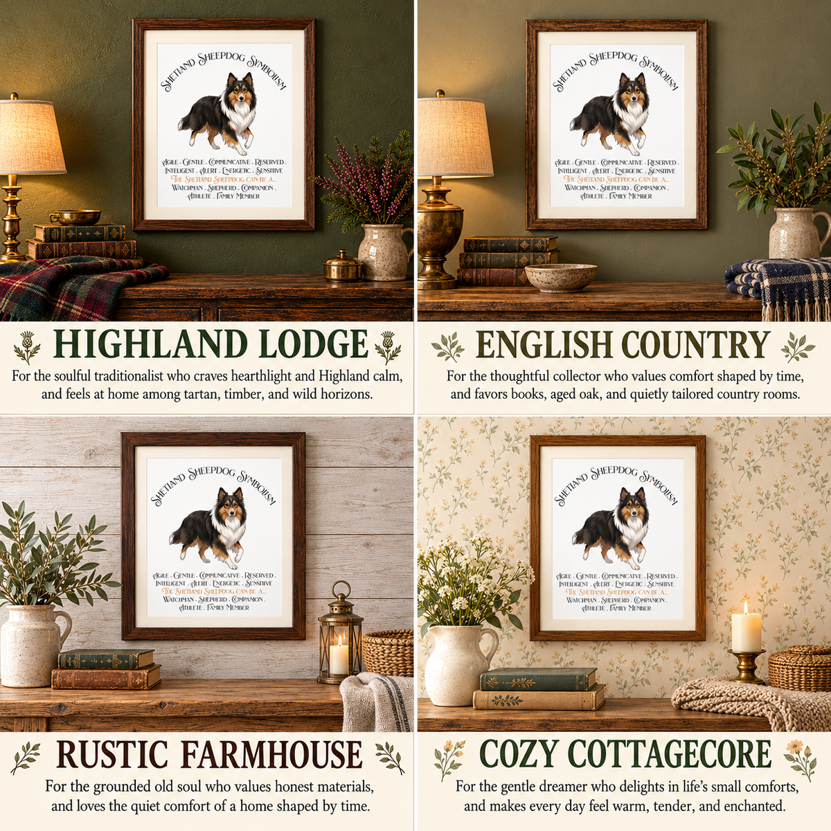 A four-panel collage showing the Shetland Sheepdog Symbolism art prints styled in different home interiors, which are Highland Lodge, English Country, Rustic Farmhouse, and Cozy Cottagecore.