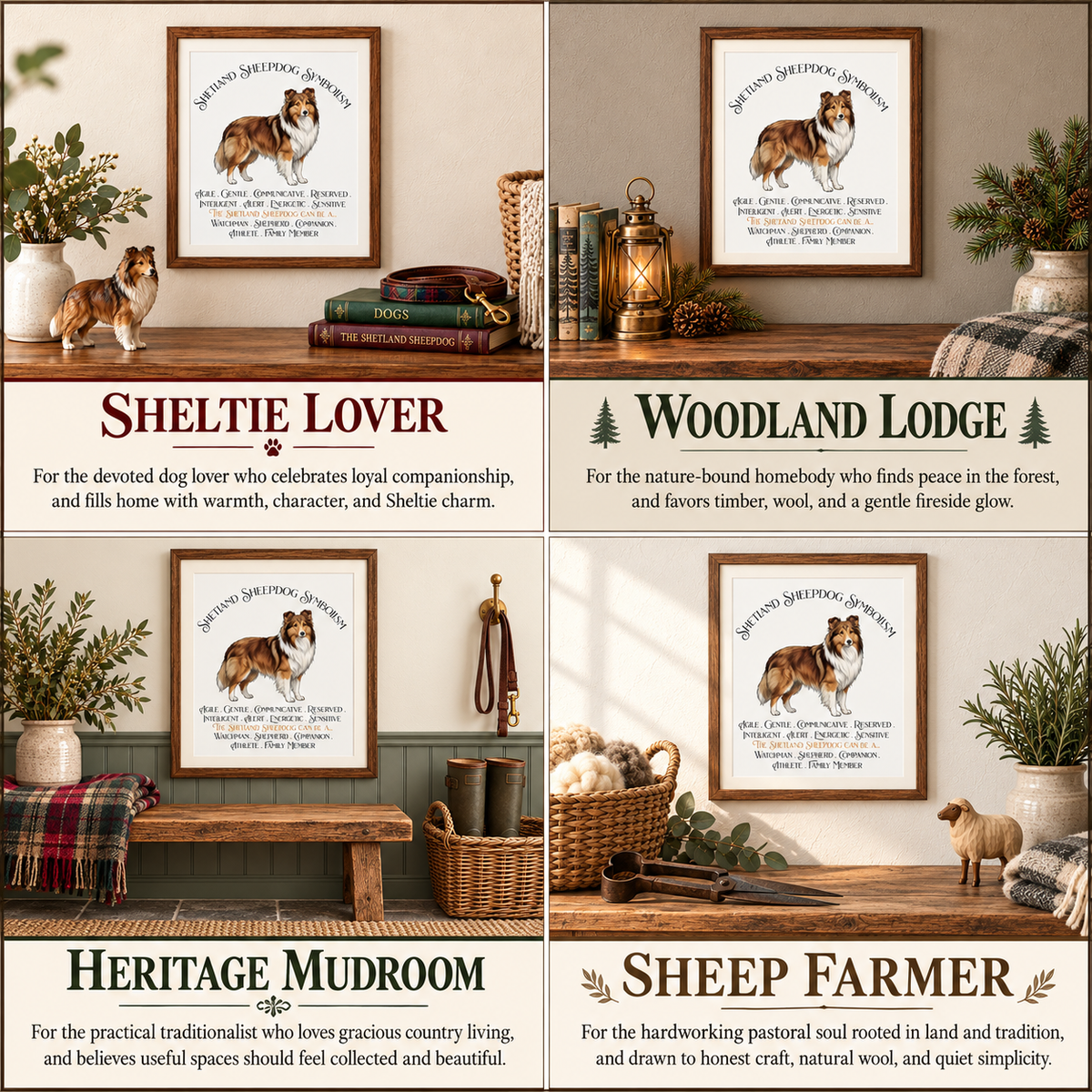 A 2x2 collage showing four framed Shetland Sheepdog Symbolism art prints styled in home interiors with titles including 'Sheltie Lover,' 'Woodland Lodge,' 'Heritage Mudroom,' and 'Sheep Farmer,' plus descriptive text beneath each.