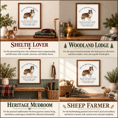 A 2x2 collage showing four framed Shetland Sheepdog Symbolism art prints styled in home interiors with titles including 'Sheltie Lover,' 'Woodland Lodge,' 'Heritage Mudroom,' and 'Sheep Farmer,' plus descriptive text beneath each.