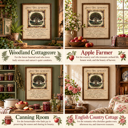 A four-panel collage showing framed apple tree sign designs styled in different home interiors. The panels are labeled Woodland Cottagecore, Apple Farmer, Canning Room, and English Country Cottage, with decorative props including apples, flowers, shelves, and a floral chair.
