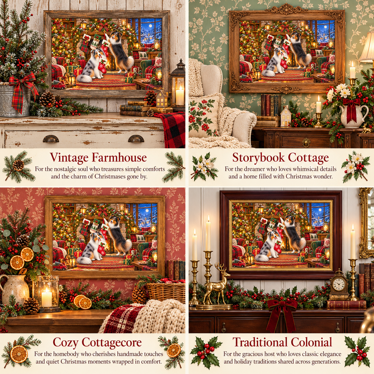 A four-panel holiday-themed collage showing framed Christmas artwork in different styled interior settings. The panels are labeled Vintage Farmhouse, Storybook Cottage, Cozy Cottagecore, and Traditional Colonial.