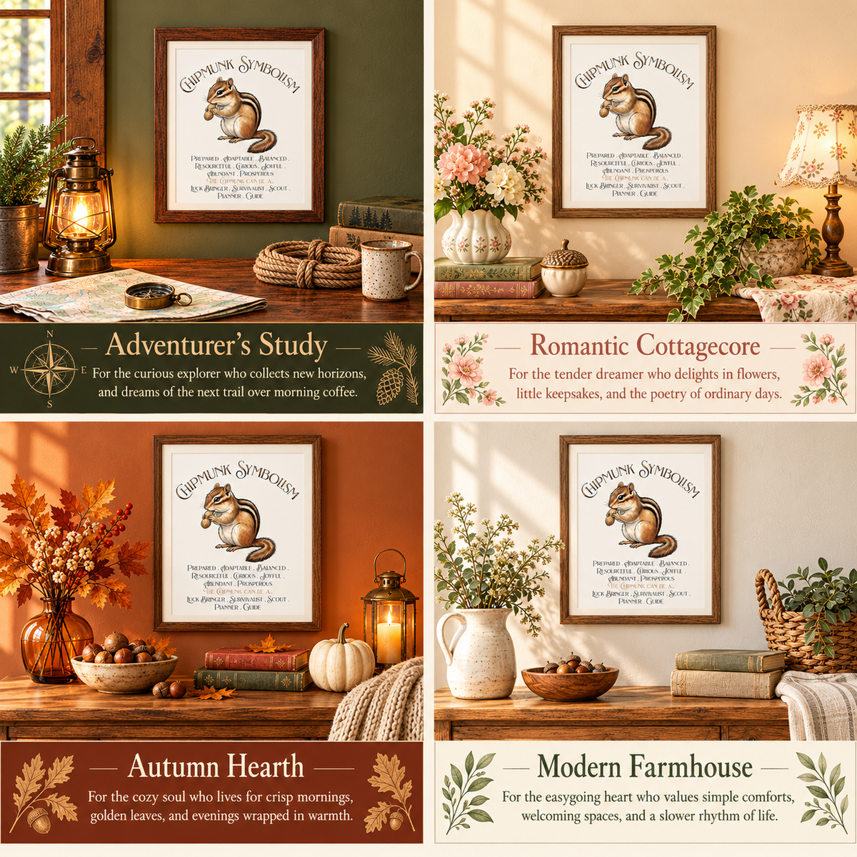 A 2x2 collage showing four styled interior scenes with the same framed print of a chipmunk poster hanging on a wall. The scenes include an adventurer's study, romantic cottagecore, autumn hearth, and modern farmhouse decor.