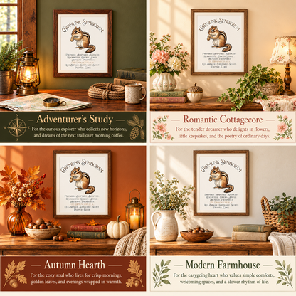 A 2x2 collage showing four styled interior scenes with the same framed print of a chipmunk poster hanging on a wall. The scenes include an adventurer's study, romantic cottagecore, autumn hearth, and modern farmhouse decor.